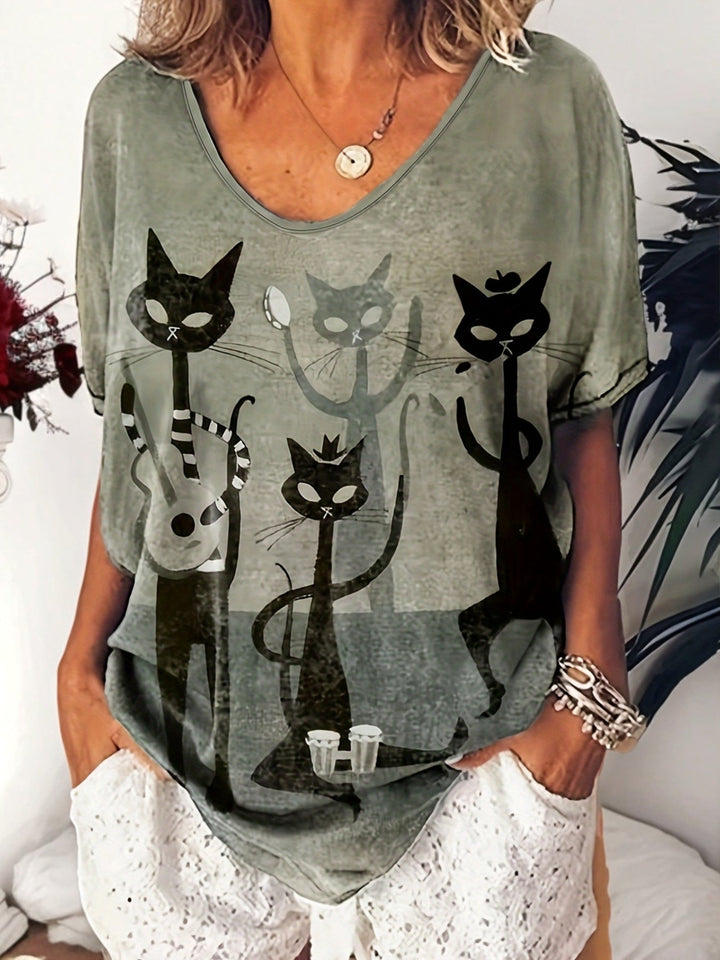 Sue™ - Lässiges T-Shirt mit Katzenmotiv
