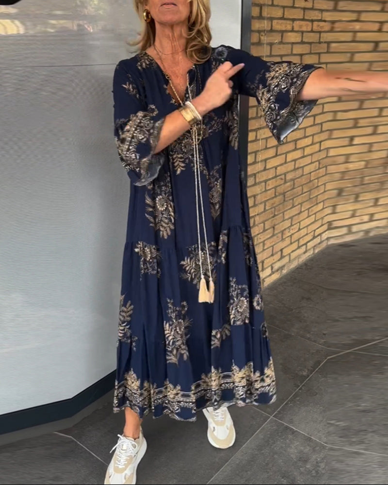 Rose™ – Vintage Lockerer V-Ausschnitt Midi-Kleid