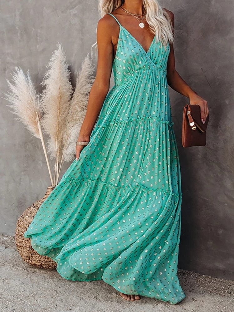 Evi™ Grüne Maxi Kleid Mit V-Ausschnitt Und Sommerlichem Ibiza-Print