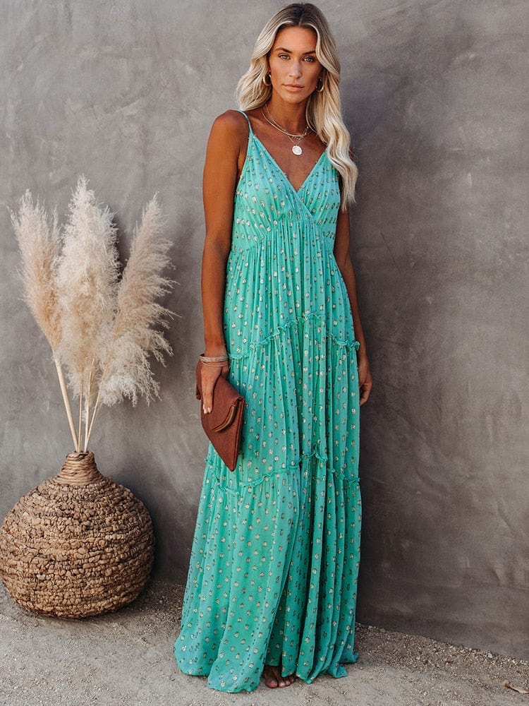 Evi™ Grüne Maxi Kleid Mit V-Ausschnitt Und Sommerlichem Ibiza-Print