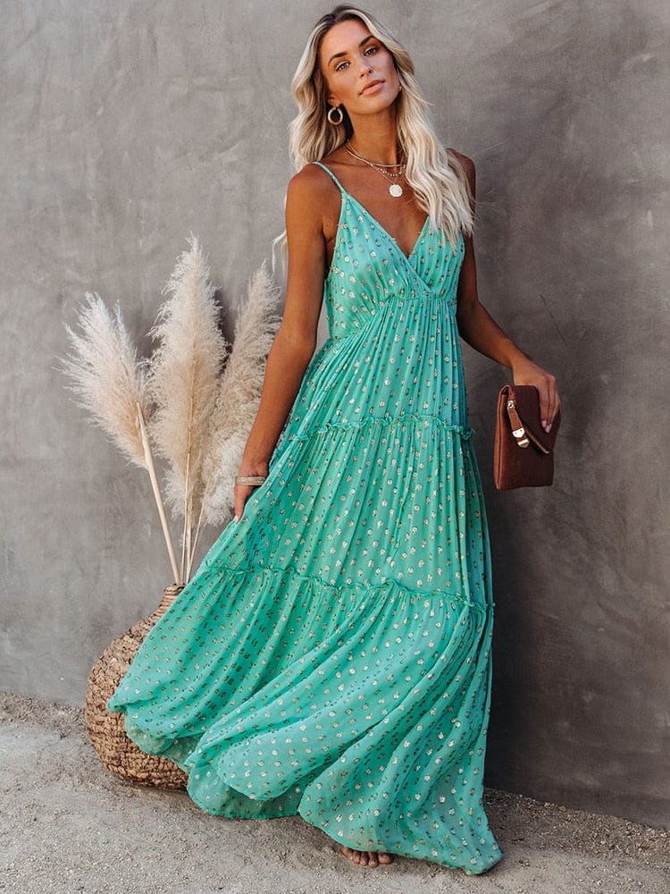 Evi™ Grüne Maxi Kleid Mit V-Ausschnitt Und Sommerlichem Ibiza-Print
